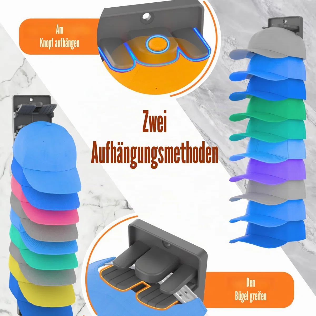 Hutorganizer für Baseballkappen 2er-Pack mit integrierten Federclips - Wandmontage Schrank-Hutständer-Halterung, Aufbewahrung für Tür/Schrank Display Hutständer Aufhänger (Starker Klebstoff