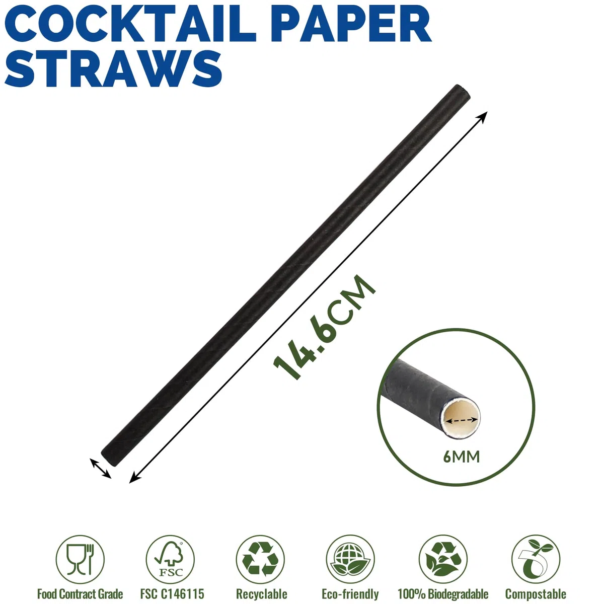 Umweltfreundliche Einweg-Cocktailstrohhalme und Rührstäbchen aus Schwarzem Papier – 14,6 x 0,6 cm, 500 Stück – für Zuhause, Bars und Restaurants