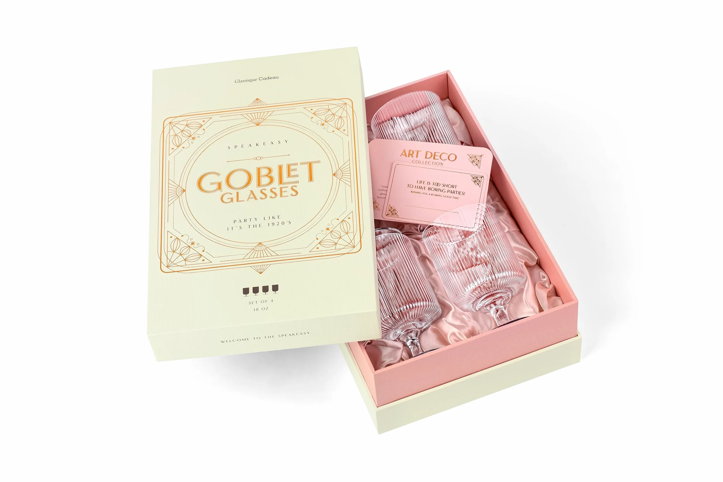GLASSIQUE CADEAU Vintage Art Deco Gerippte Kristall Gin Cocktailgläser mit Stiel | 4er set | 300 ml Geriffelte Ausgefallene Kelch Trinkgläser für Cocktails