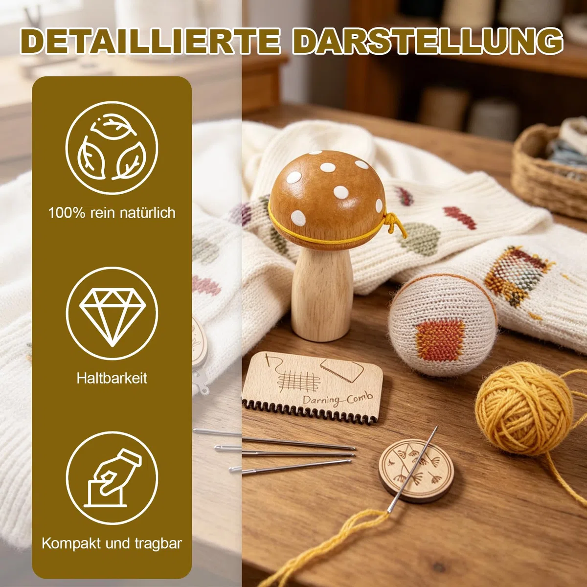 Stopfpilz Set Aus Holz Webernadel Mit Kugelspitze Pilzform Mit 9 Nähnadeln Und 2 Nadeleinfädler Holzwerkzeug Stopfpilz Mit Etui Für Nadeln Für DIY Handnähen, Socken, Stricken, Kleidung, Schals