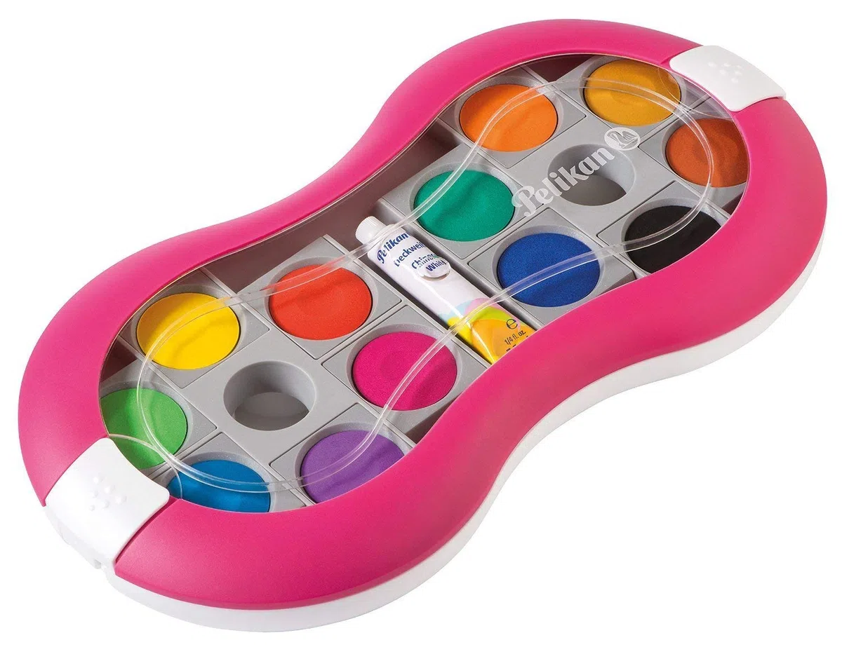 Pelikan Deckfarbkasten 735 SP/12 mit 12 Farben und 1 Tube Deckweiß/Starter (Magenta mit Space-Wasserbecher + Pinsel-Set) (Set)
