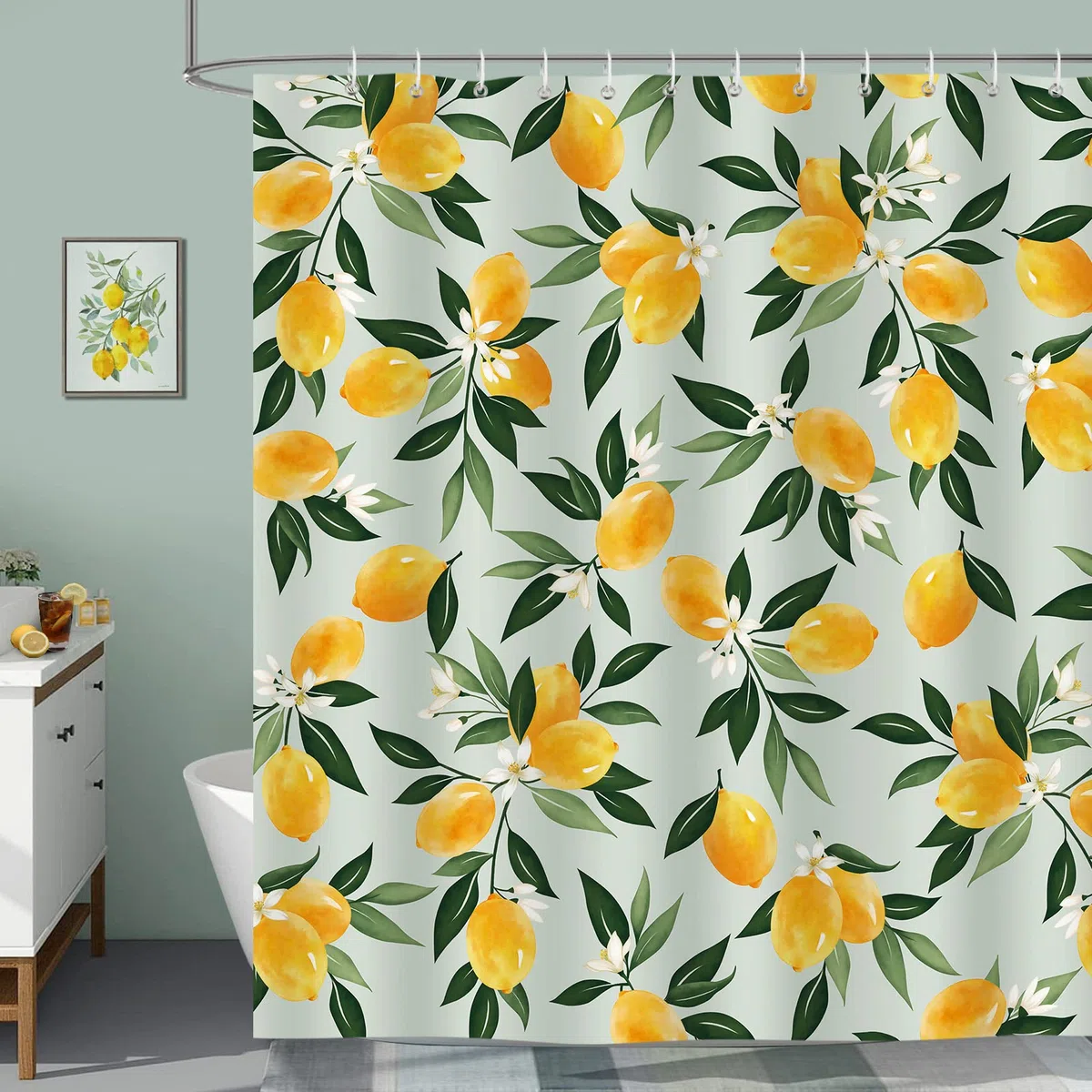 Bonhause Duschvorhang Zitronen Grüne Blätter Duschvorhänge 180 x 200 cm Anti-Schimmel Wasserdicht Polyester Stoff Waschbar Bad Vorhäng für Badzimmer mit 12 Haken