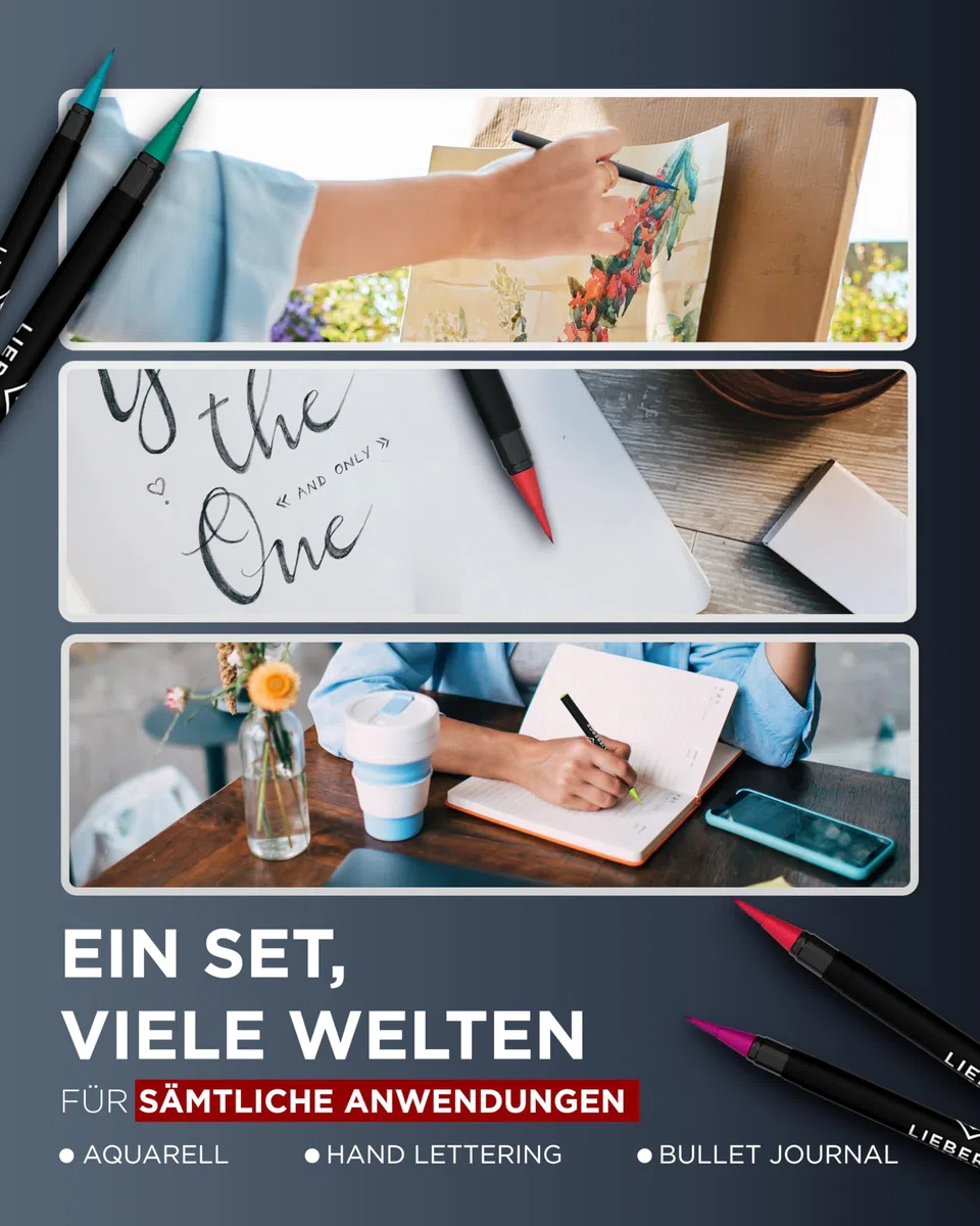 LIEBERGE Pinselstifte Premium-Set - 24 Aquarellfarben + 2 Wassertankpinsel - Brush Pen mit flexibler Pinselspitze für Aquarell, Hand Lettering, Bullet Journal, Kalligraphie