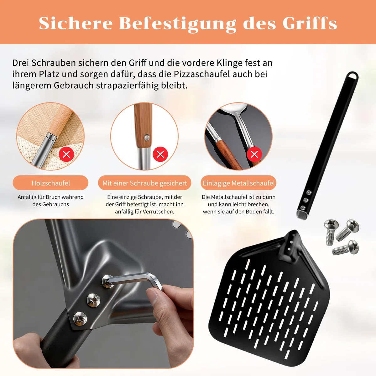Pizzaschieber Perforiert set, Pizzaschaufel Aluminium mit Komfortabler Abnehmbaren Griffe, Wird mit Pizzawender 6' und Pizza Schieber 12', Geeignet für Wenden und Transportieren von Pizza