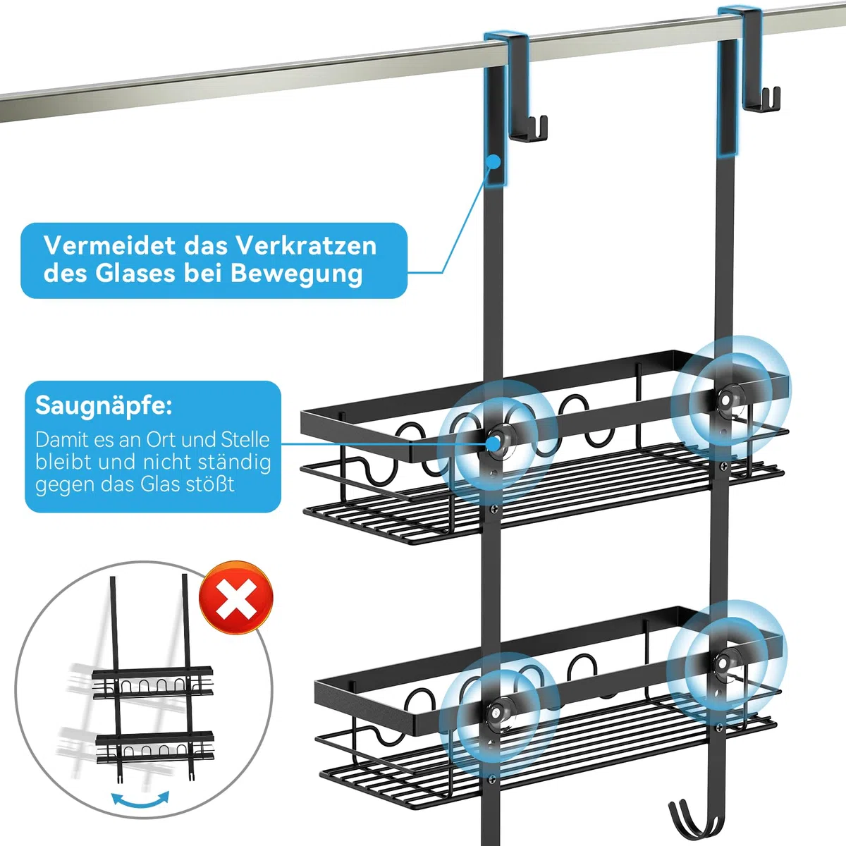 Duschablage ohne Bohren, Duschablage zum Hängen für Duschwand, Duschregal ohne Bohren mit 2 Duschkörben, Duschregal zum Hängen Shampoo Halterung für Dusche Schwarz