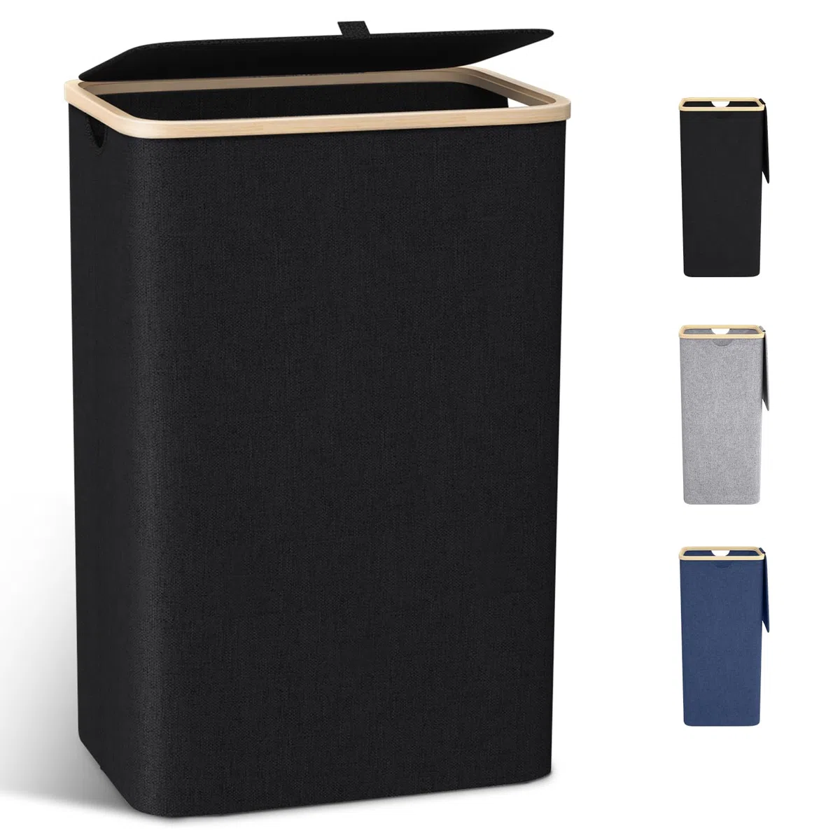 Schmaler Wäschekorb mit Deckel 100L, Bambusdeckel & herausnehmbarer Wäschesack, hoher Wäschesammler in Schwarz, platzsparende Wäschetruhe für Wohnzimmer, Waschküche, Schlafzimmer & kleines Bad