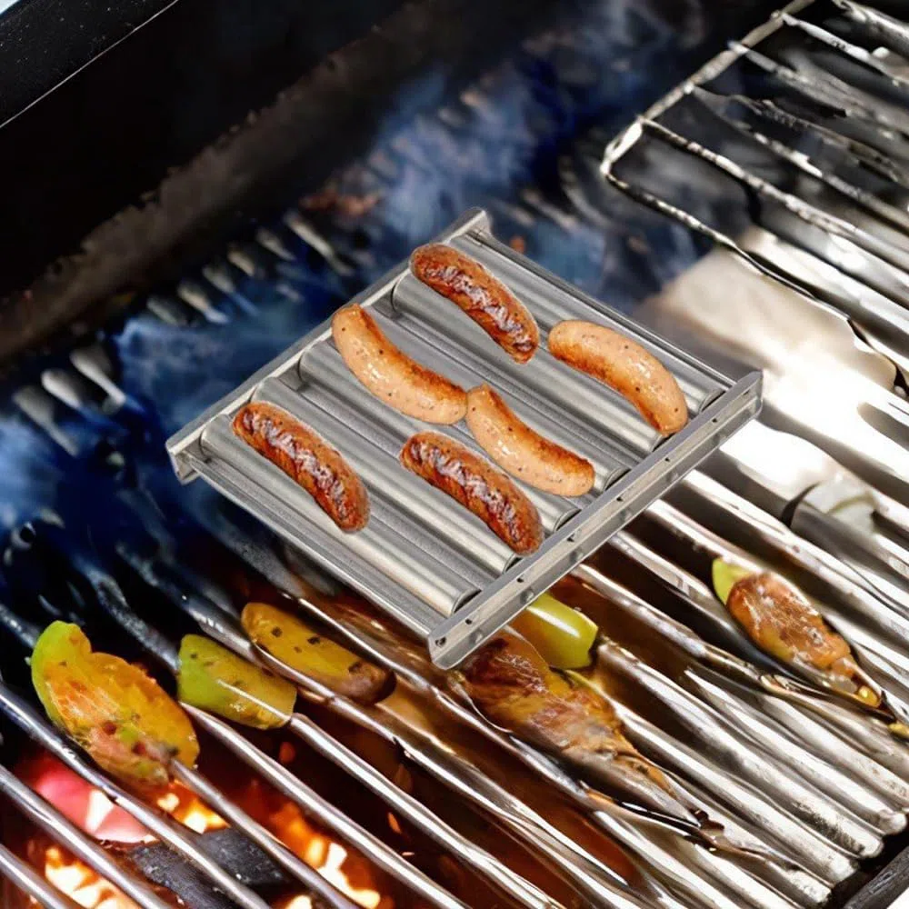 Rollender Wurstgrill Edelstahl-BBQ-Hot-Dog-Rollgestell mit langem Holzgriff und 4 Spießen für Außengrill, 5 Hotdog-Kapazität, Mittel