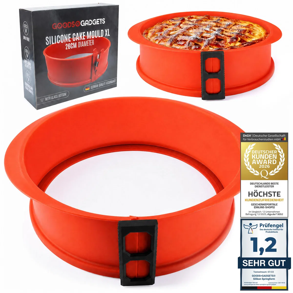 GOODS+GADGETS Silikon Springform Antihaftbeschichtete Kuchen Backform (Silikonform mit Glasboden)