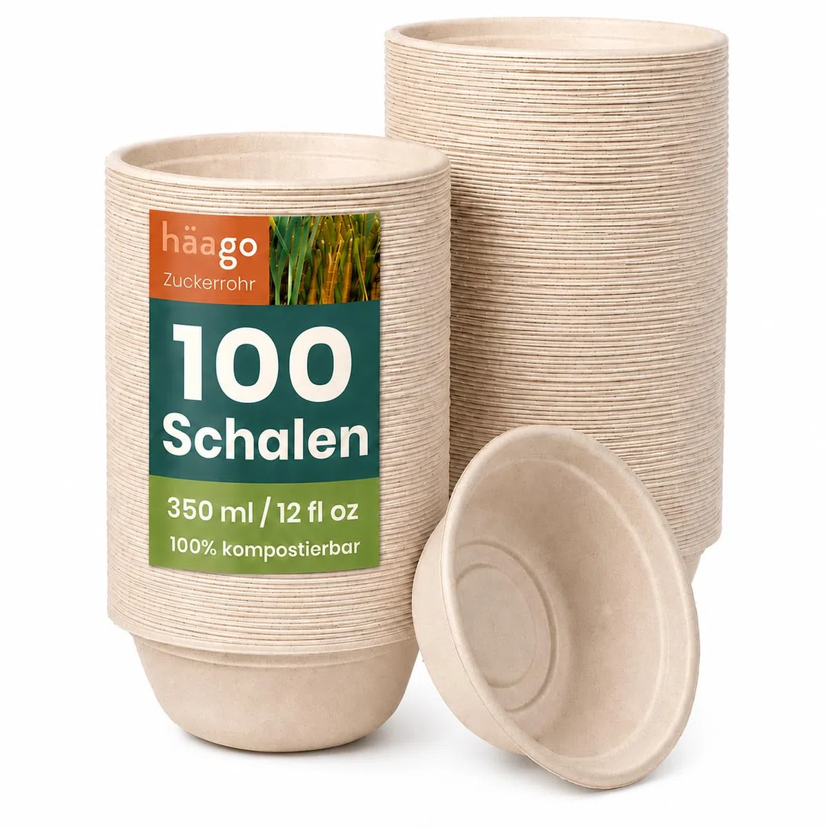 HAAGO 100 Extra Stabile Suppenschalen aus Zuckerrohr (Bagasse), 350ml / 12oz – Fett- & Auslaufsichere Pappschüsseln – Kompostierbar & Biologisch Abbaubar – Einwegschalen für Suppe, Curry, Dessert