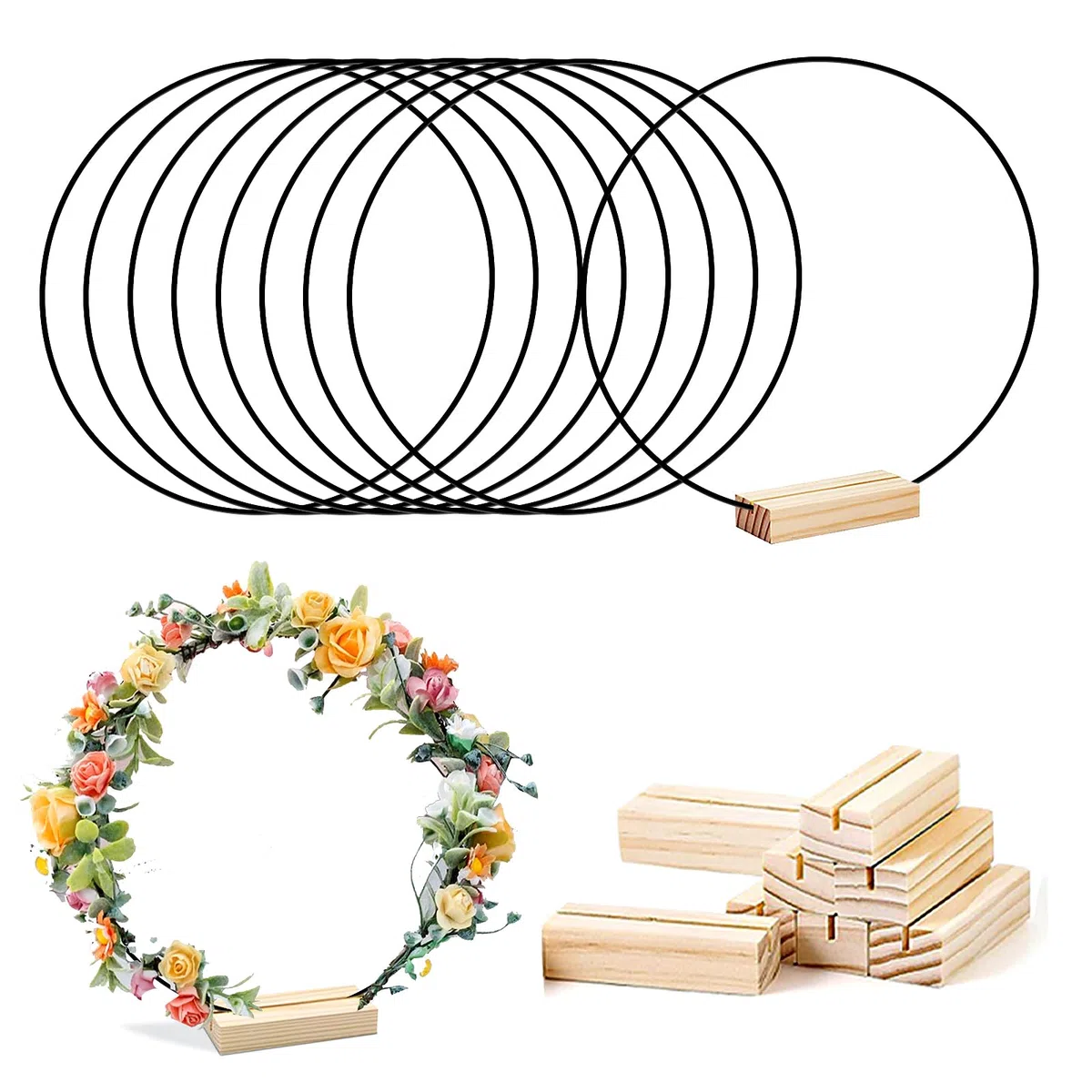 8 Stück Metallring zum Basteln, 30cm Tafelaufsätze Makramee Ringe mit Holz Kartenhalter DIY Kranz Handwerk Traumfänger für Hochzeitskranzdekor und Wandbehang (Black Ring)