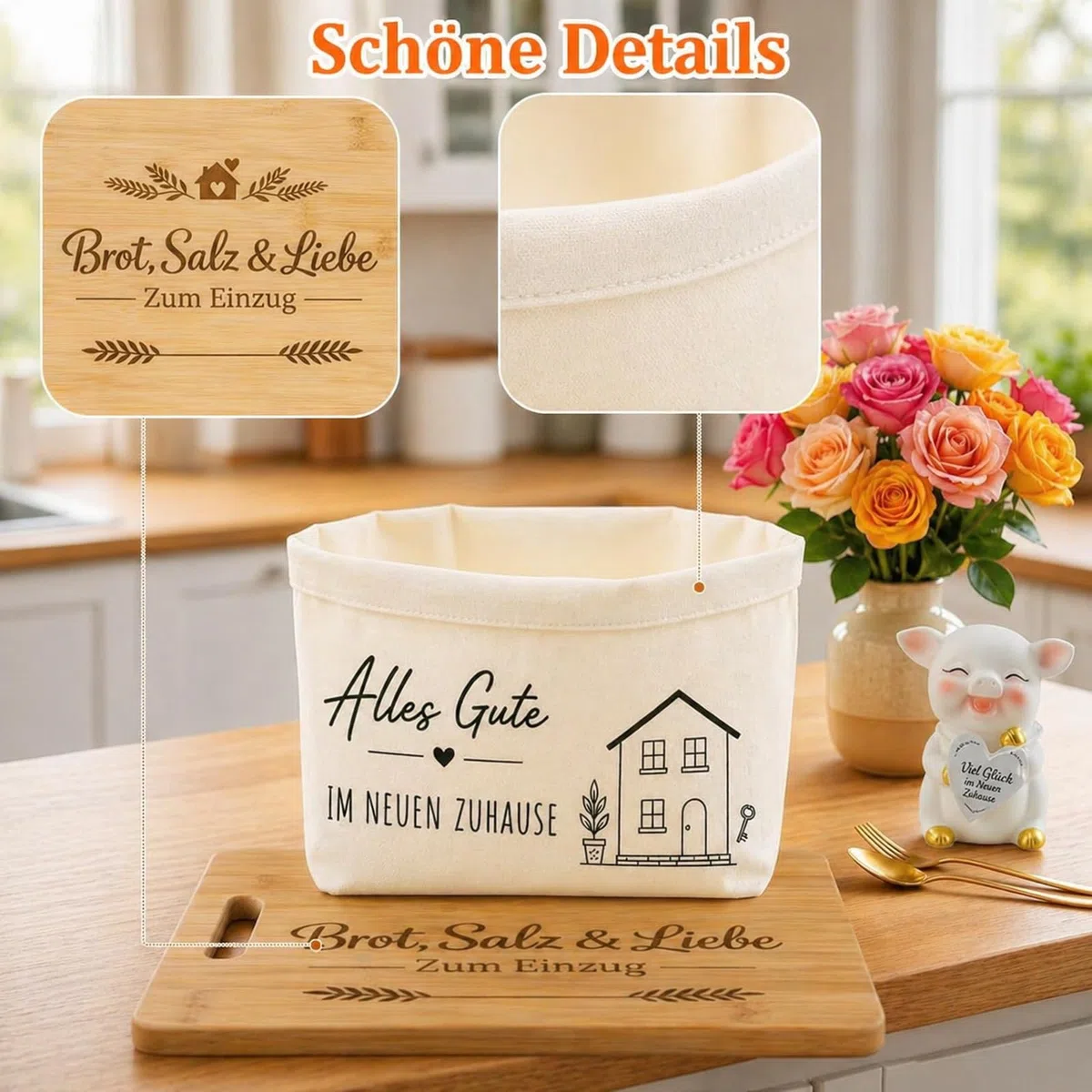 Geschenk zum Einzug Brot und Salz Set – Edles Einzugsgeschenk für Haus & Wohnung mit Bambusbrett, Brotkorb & Keramik-Glücksschwein – Inkl. Grußkarte – Geschenk für Hausbau