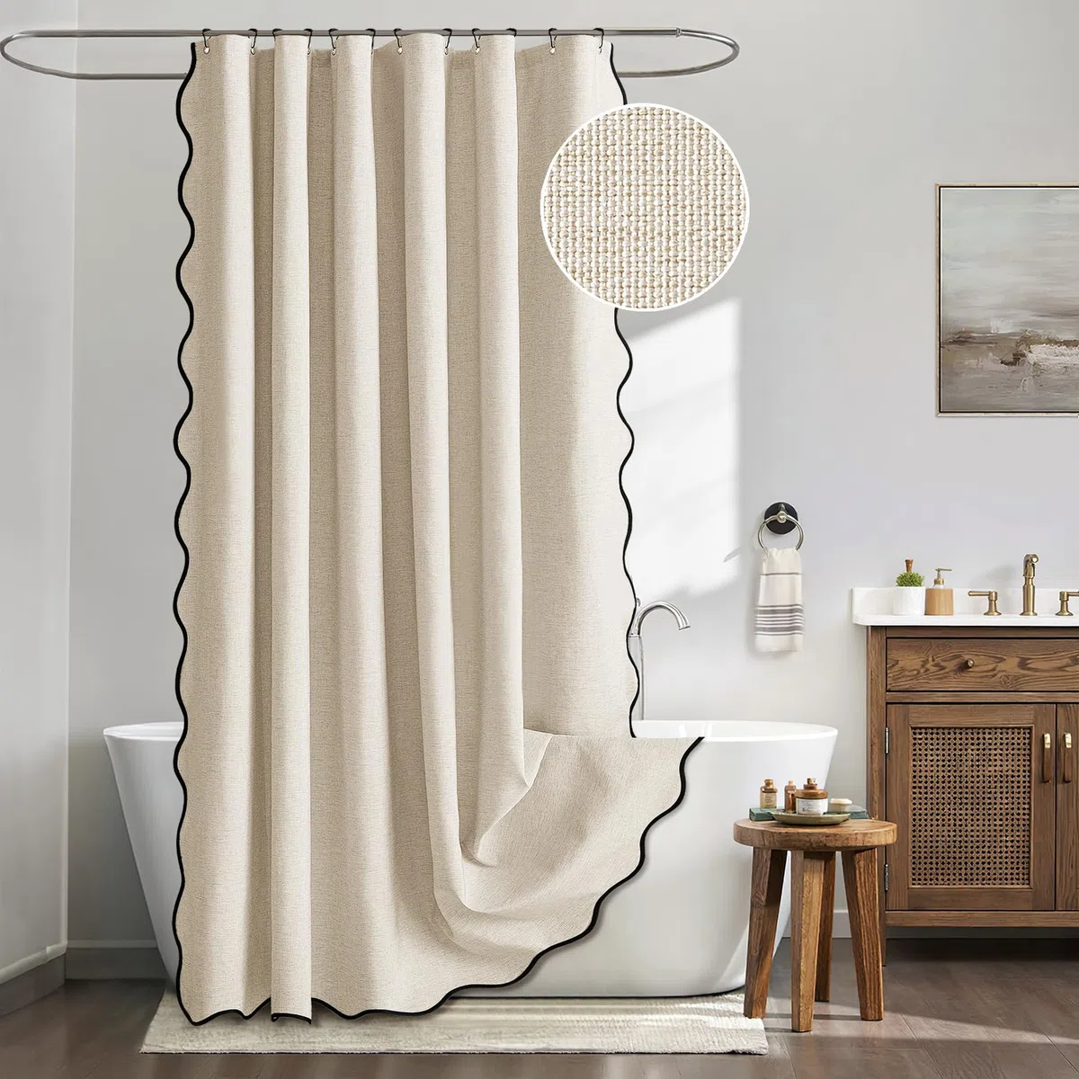 MIULEE Duschvorhang 180x200 Leinen Texturiert Gewellter, Duschvorhang Beige mit Schwarze Rand Hotel Luxus Wasserdicht Duschvorhänge, Antischimmel Waschbar Stoff Badvorhang für Badezimmer mit 12 Ringe