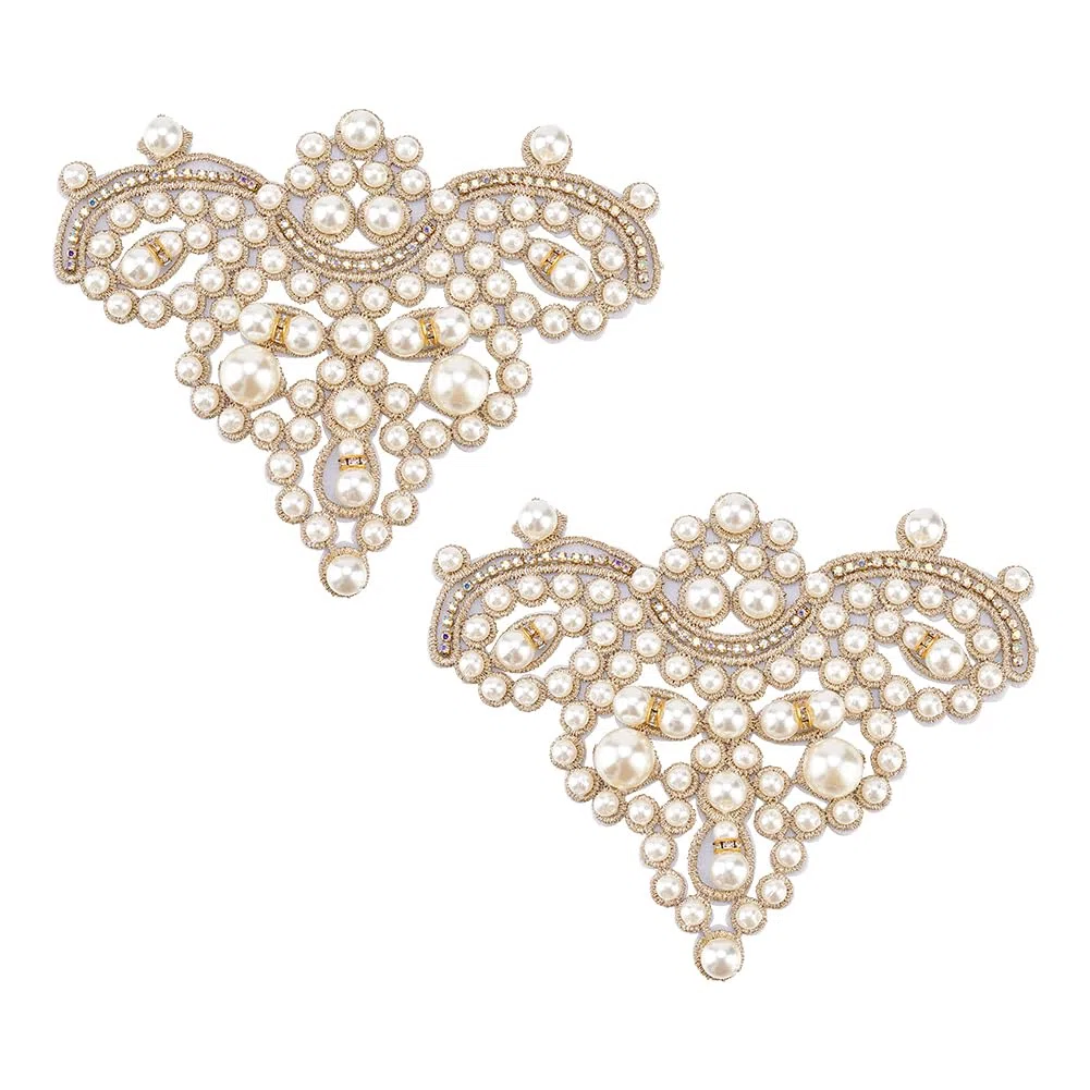FINGERINSPIRE 2 Stück Perlen Schuhaufnäher Goldfarben Zum Aufnähen von Strass Imitationsperlen Perlenapplikationen DIY Applikationsaufnäher Glitzernde Perlen Blumenmuster Aufnäher Applikationen