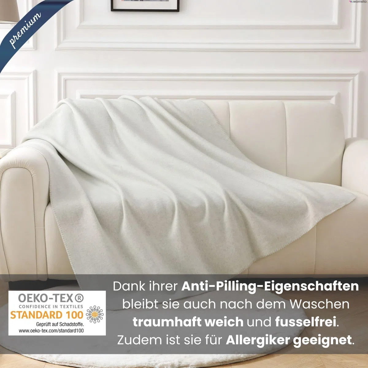 wometo Premium Fleecedecke Melange OekoTex 140x190 cm ca. 700g extra dick - weiß meliert (Bi-Color) mit Anti-Pilling und Qualitäts-Kettelrand