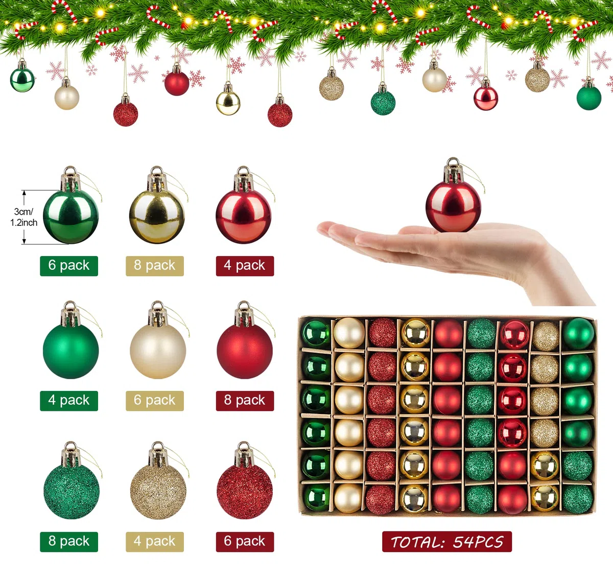 Weihnachtskugeln 54er Set, Christbaumkugeln 3CM, Weihnachtskugeln klein Kunststoff, Glänzend Matt Mini Christbaumkugeln,Bruchsicher Kleine Kugeln Weihnachten mit Schlüsselband(Grün Gold Rot)