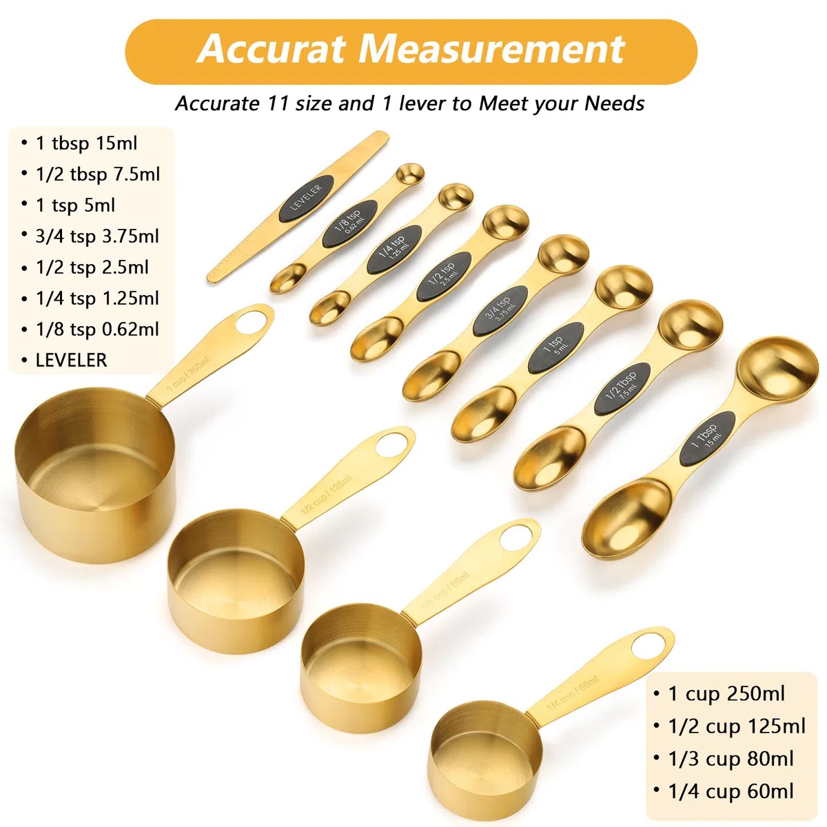 Cuteefun Gold Magnetische Messlöffel und Messbecher 12er Set, 8 Doppelseitige Magnetische Messlöffel mit Wasserwaage, 4 Premium Edelstahl Messbecher, Messen für Trockene und Flüssige Zutaten