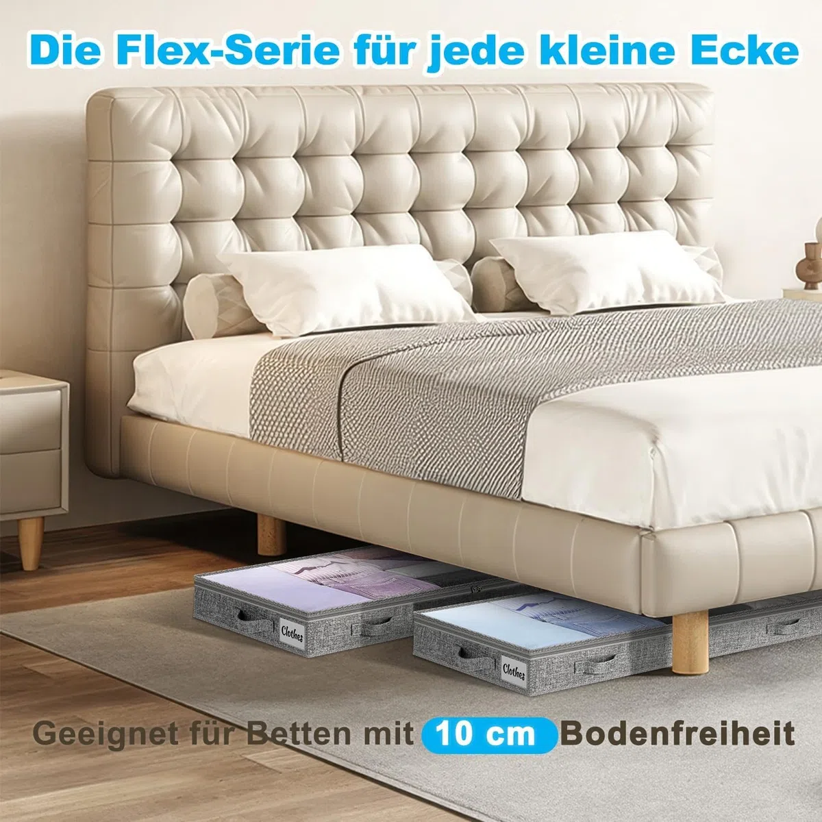 Unterbett Aufbewahrungsbox 2 Stück Unterbettkommode und klarem Deckel, 10cm hoch Kleideraufbewahrung & Organisation aus langlebigem Material, ohne feste Struktur, 4 Griffen & 2 Reißverschluss, Faltbar