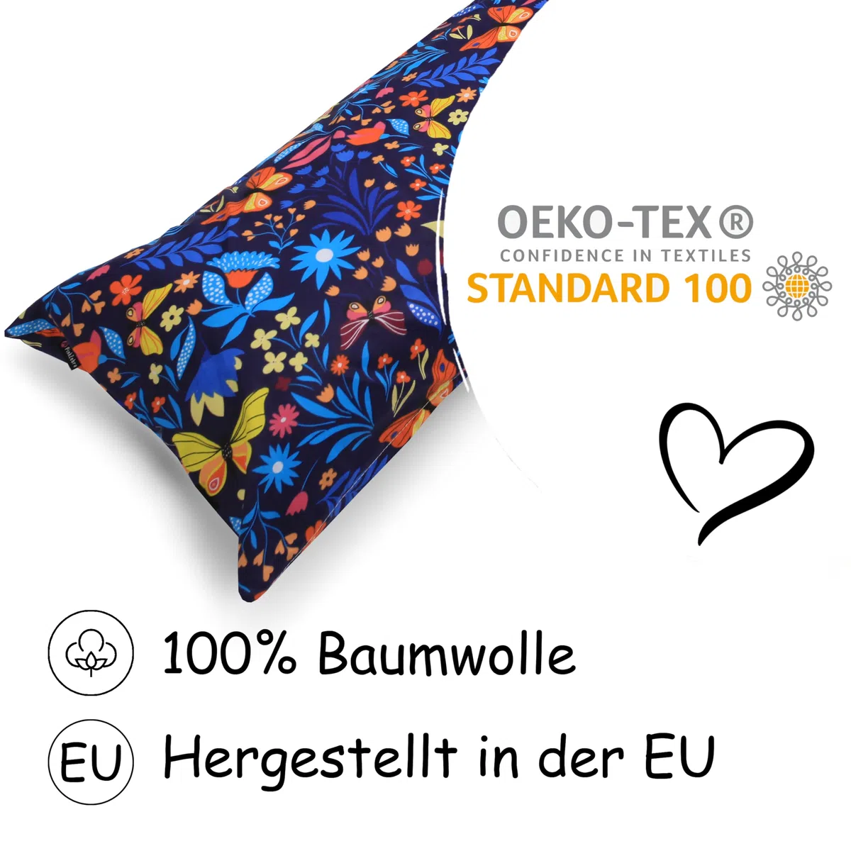 PinkZebra Seitenschläferkissen Bezug 40 x120 cm aus 100% Baumwolle, Kissenbezug für Kinder & Erwachsene, Kissenhülle mit Reißverschluss, Öko-tex Standard 100, Schmetterlinge Bunt