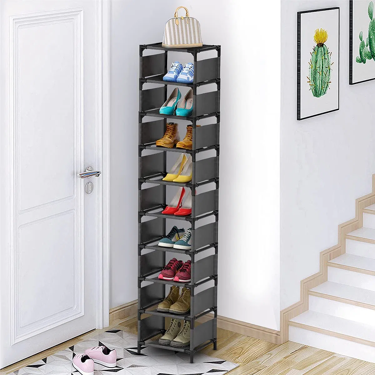 esonstyle Schmaler Schuhregal 10 Ebenen, Platzsparender Schuhschrank, 158 x 33 x 28 cm, Metallgestell, Einlegeböden aus Vliesstoff, geeignet für Wohnzimmer,Eingangsbereich, Flur, Garderobe, Ecke