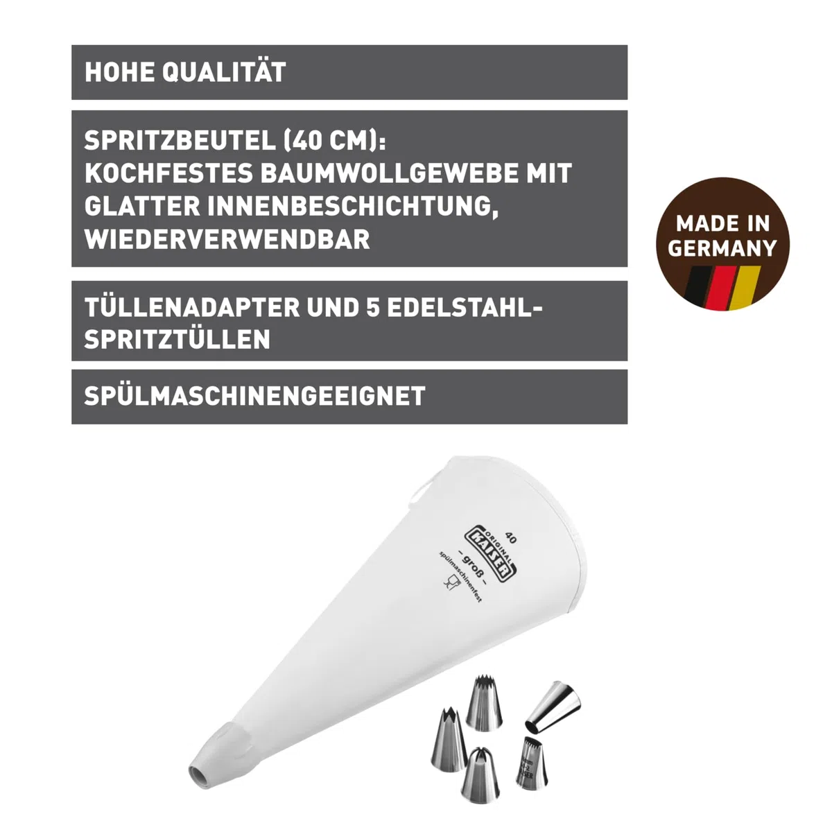 Original Kaiser La Forme Plus Spritzbeutel Set 7-teilig, Spritzbeutel wiederverwendbar groß mit Tüllen, Adapterund 5 Spritztüllen, kochfest, Schneidehilfslinie, Weiß /Silber