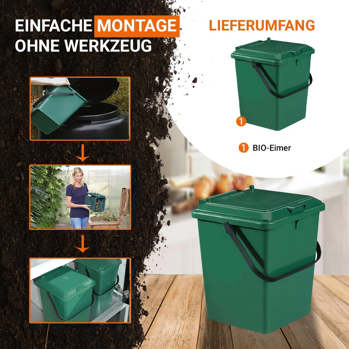 GARANTIA Bio-Eimer 8 Liter grün - Biomülleimer Küche, Komposteimer Küche, Bio Mülleimer, Komposter, Abfall & Recycling, Küchenabfalleimer, Biomüll, Biomülleimer Küche Klein, Kompost, Bioeimer