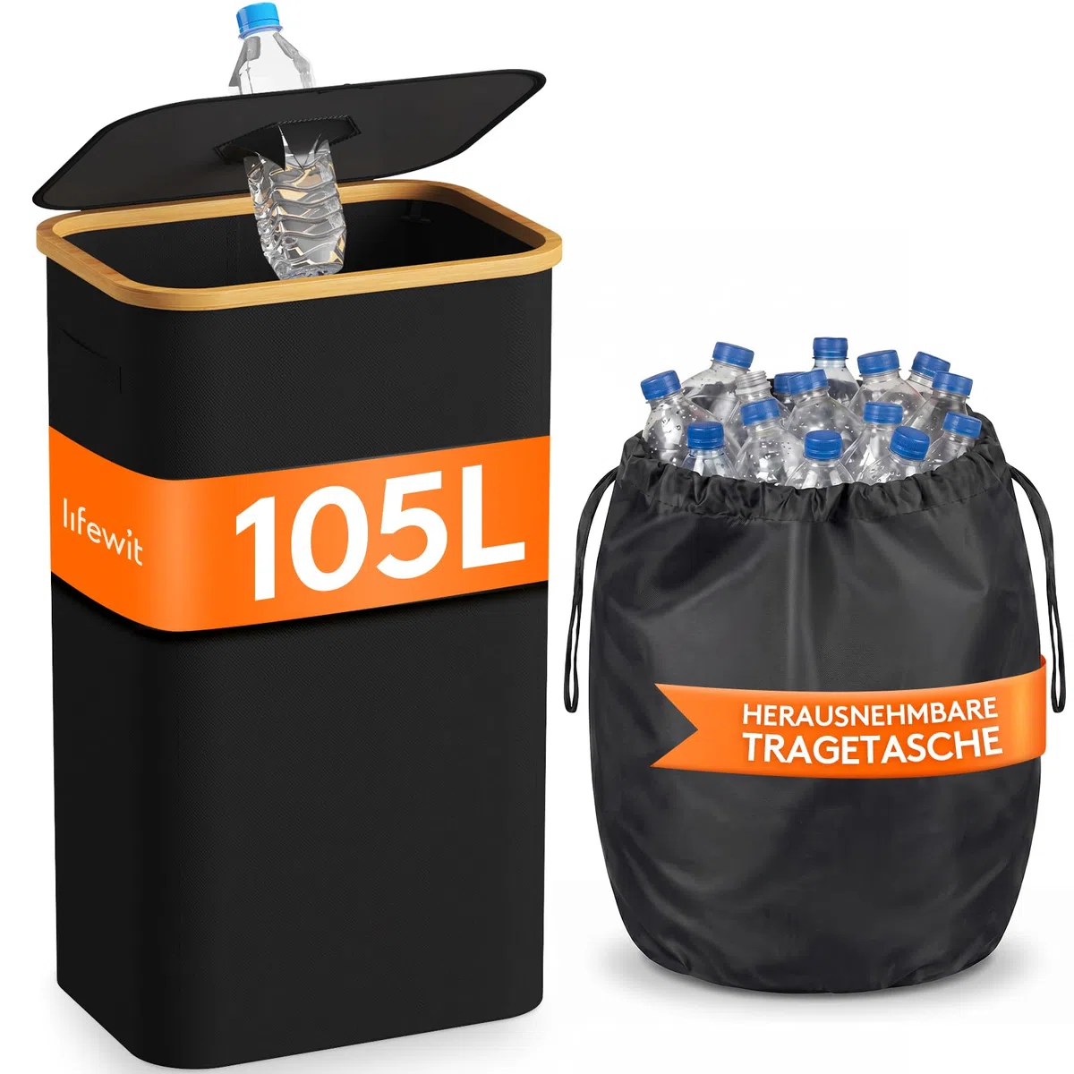 Lifewit Pfandflaschen Sammelbehälter mit Deckel, 105L Bambus Groß Leergut Sammelbehälte, Altglas Aufbewahrung und Pfandflaschen Organizer mit Loch Küche Abstellraum Flaschentasche, Schwarz