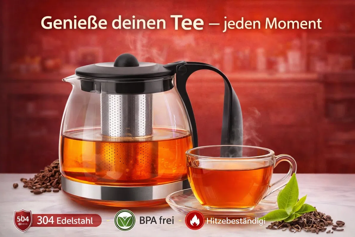 TYA I NS Teekanne aus Glas mit herausnehmbarem Sieb aus hitzebeständigem Edelstahl, 1250ml,mit Teesieb und Überhitzungsschutz, ideal für die Zubereitung von losem Tee, Teapot