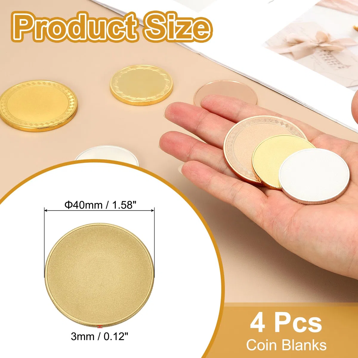 PATIKIL 40mm Leere Münzen Zum Gravieren 4 Stück Messing Münzrohlinge Laser Gravurrohlinge Individuelle Challenge Coins Metallscheibenanhänger Runde Stempelplatte Glitzer Matt Goldton