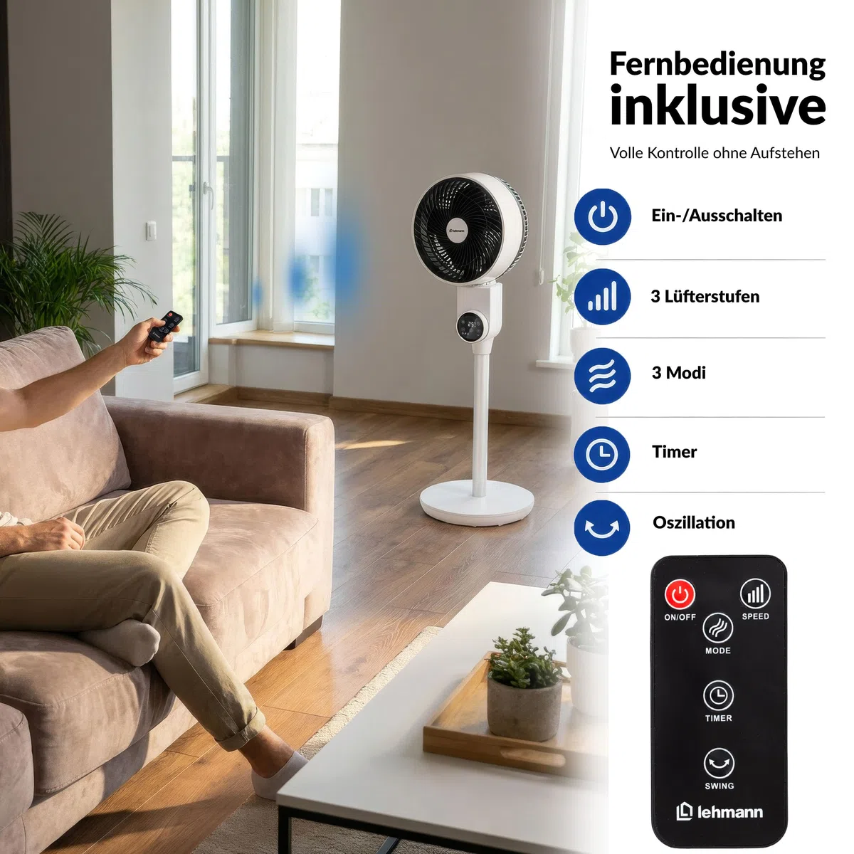 LEHMANN Standventilator, leiser Ventilator mit Schlafmodus & Naturmodus, Timer 12 h, Fernbedienung, LED-Display, 75° horizontale Oszillation + 90° manuell vertikale Neigung, 3 Geschwindigkeiten