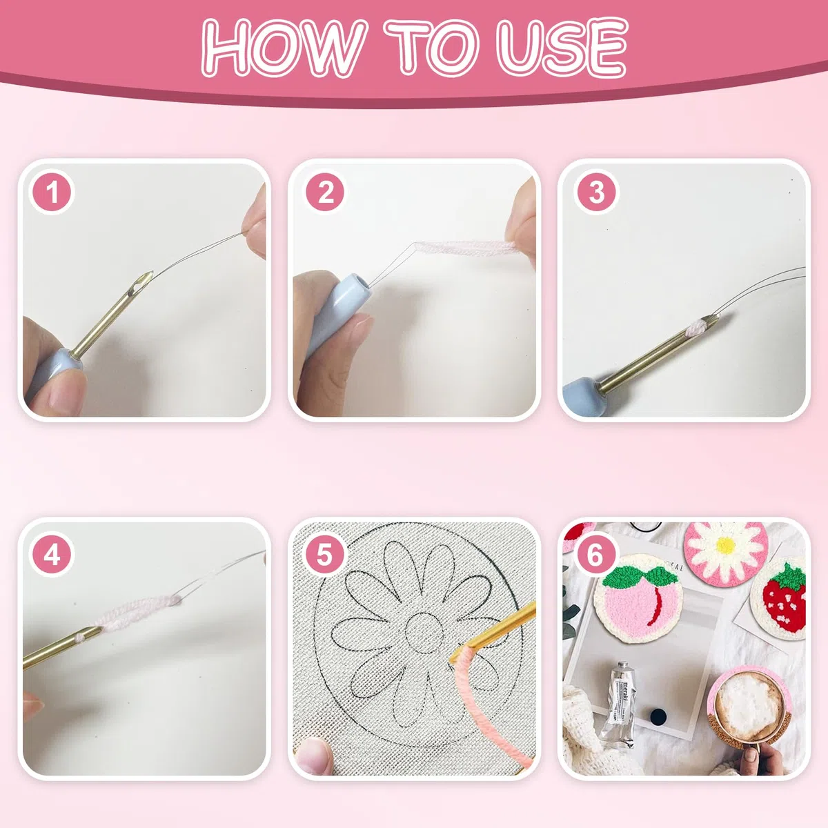 BOYIFEIJIE Punch Needle Set für bunte DIY-Untersetzer, Kreatives Bastelset zum Sticken für Erwachsene & Anfänger mit Motivstoff, Stickrahmen, Garn & Anleitung (Weiß)