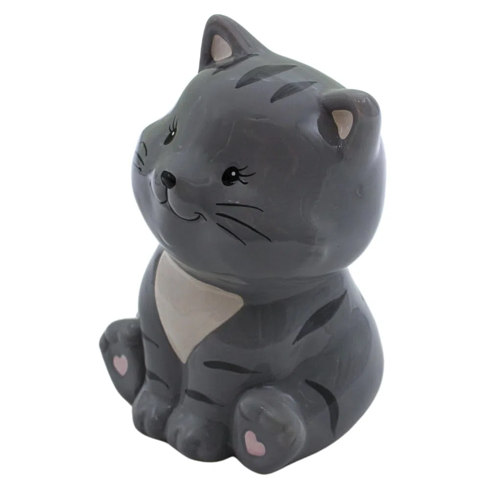 Spardose Katze, Katzenspardose, Kindersparbüchse Katze, Sparschwein Katze, Sparfigur, Kinderspardose, Spartier, Sparkatze, Dekokatze mit Sparfunktion aus Keramik in grau, L/B/H 10 x 12 x 16 cm.