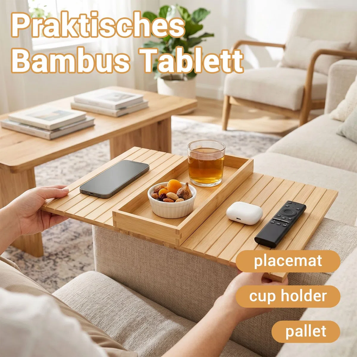 Sofatablett Armlehne aus Holz, Couch Tablett zum Einhängen, Sofaablage für Snacks, Getränke und Fernbedienung, Armlehnen Tablett Platzsparender Home Organizer für Sofa und Sessel