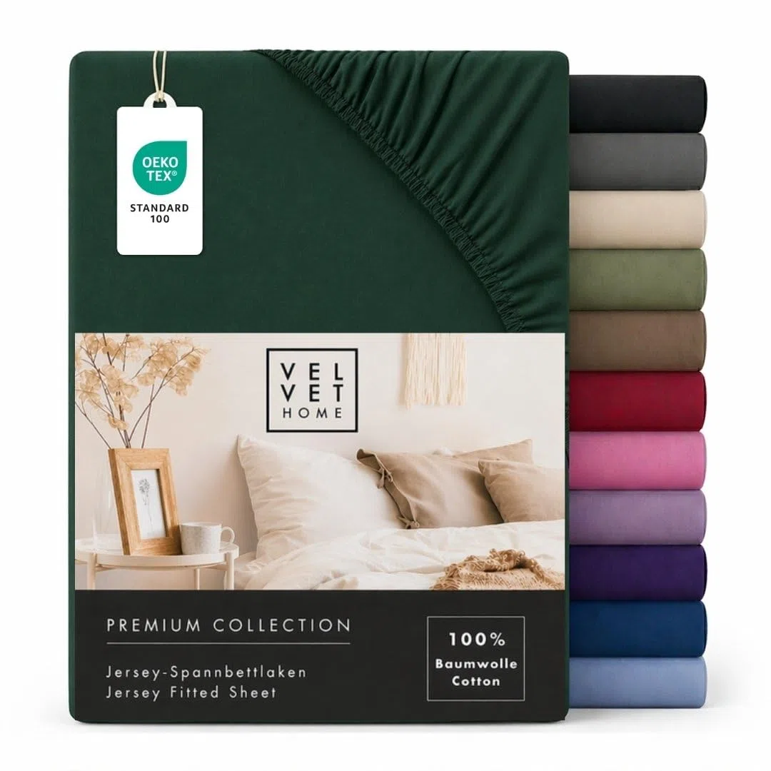 VelvetHome Spannbettlaken 140x200cm 100% gekämmte Baumwolle, Jersey Spannbetttuch für Matratzen bis 25 cm Höhe, Oeko-Tex Zertifiziert, bügelfrei, elastisch, atmungsaktiv, weich, Dunkelgrün