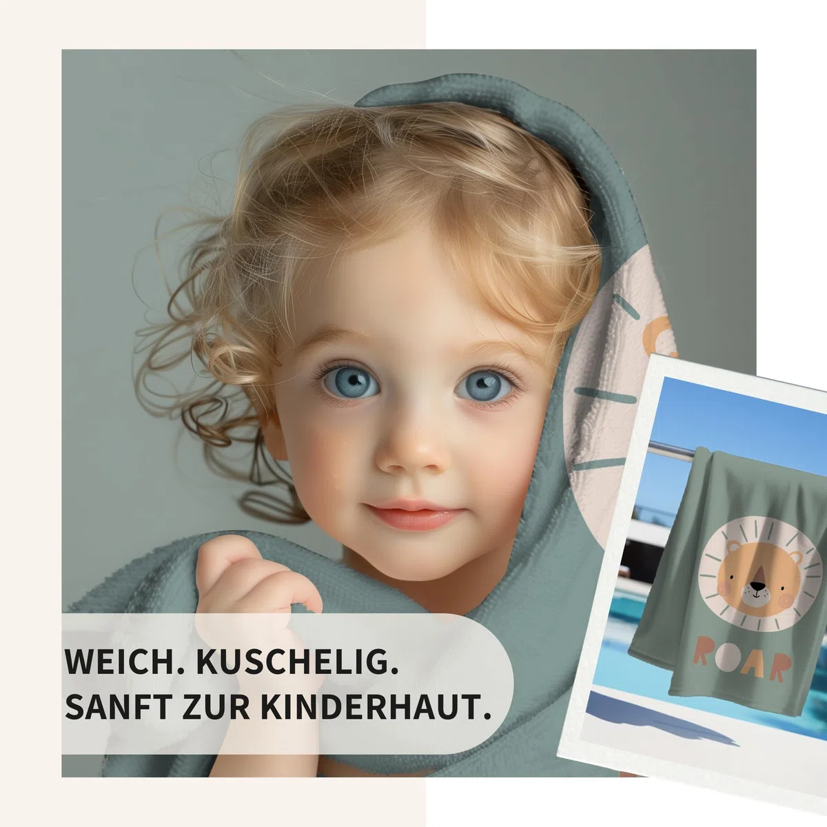 MTOnlinehandel Kinder Strandtuch 70x140 cm – Weiches & Saugfähiges Badetuch mit Löwen-Motiv – Baumwolle & Polyester Mix – Schnelltrocknend