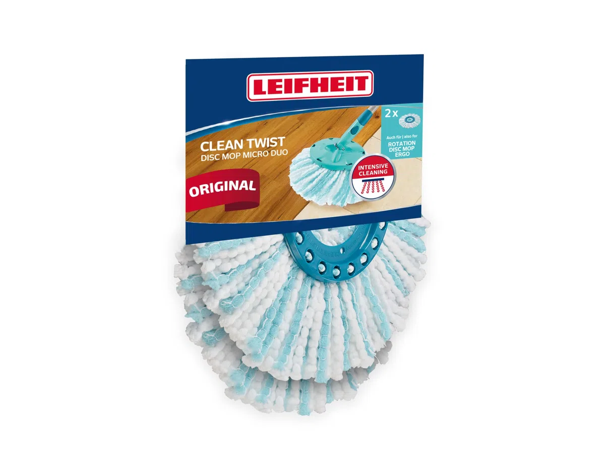 Leifheit 2er Set Ersatzkopf CLEAN Twist Disc Mop Micro Duo, für alle Bodenarten, ideale Schmutzaufnahme Dank 2-Faser-System, saugfähiger Microfaser, mit hoher Wasser- und Schmutzaufnahme, Ersatzbezug