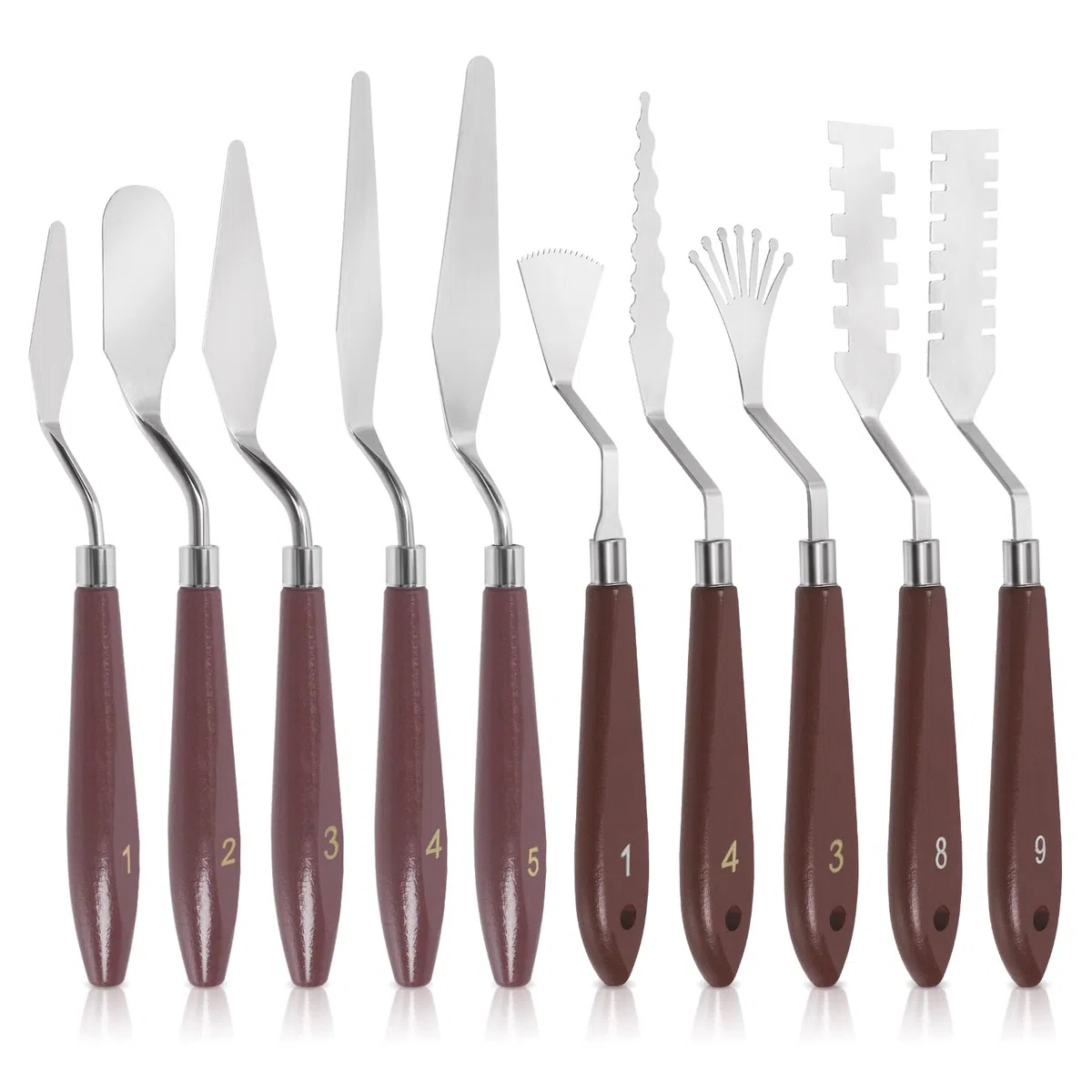 Swpeet 10Pcs 10 verschiedene Arten Edelstahl Spatel Palette Messer Set, Acryl Holzgriff Malerei Palette Messer Mixing Schaber Palette Messer Spatel Messer Set für Ölfarbe Leinwand