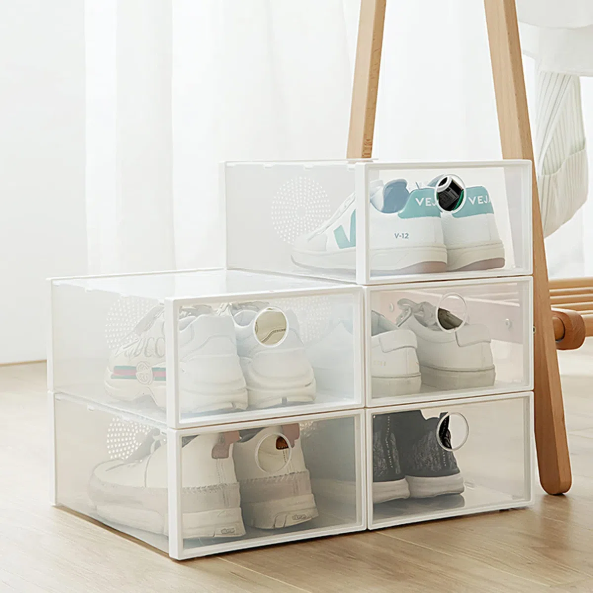 Windfromort Schuhboxen 2 Stück Stapelbar Schuhaufbewahrung 33.5x23x13 cm Transparent Schuh Organizer Aufbewahrungsboxen Schuhe für Schuhe High Heels Sneaker