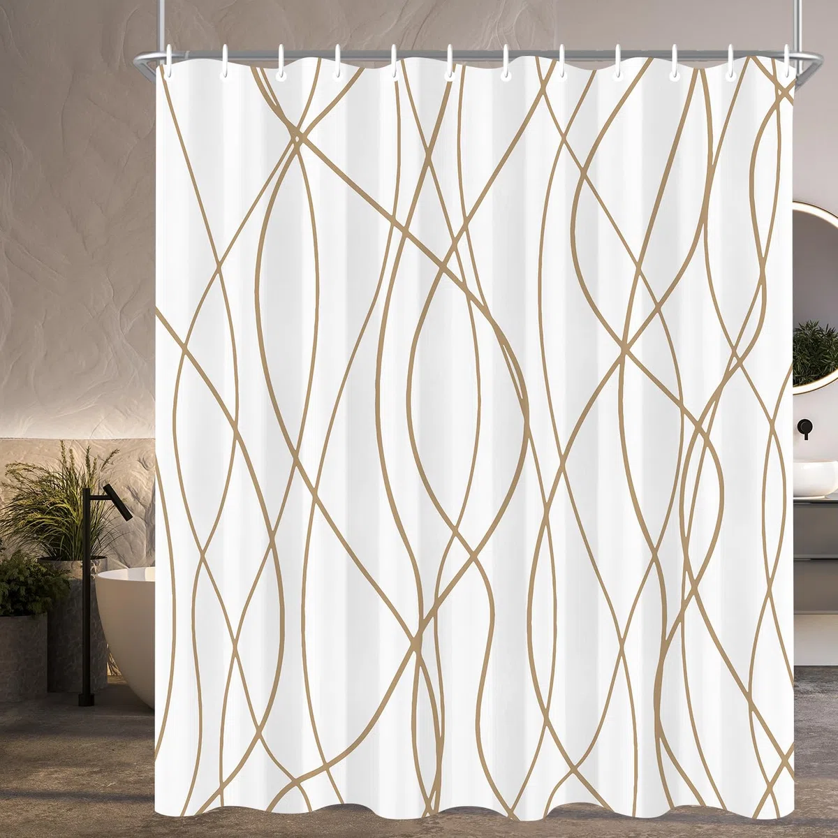 Lerores Duschvorhang 180x200 cm Beige Geometrische Kurve, Beschwerter Saum Antischimmel, Wasserabweisend, Waschbar Polyester Badevorhänge mit 12 Ösen und Duschvorhangringen für Badezimmer, Badewanne