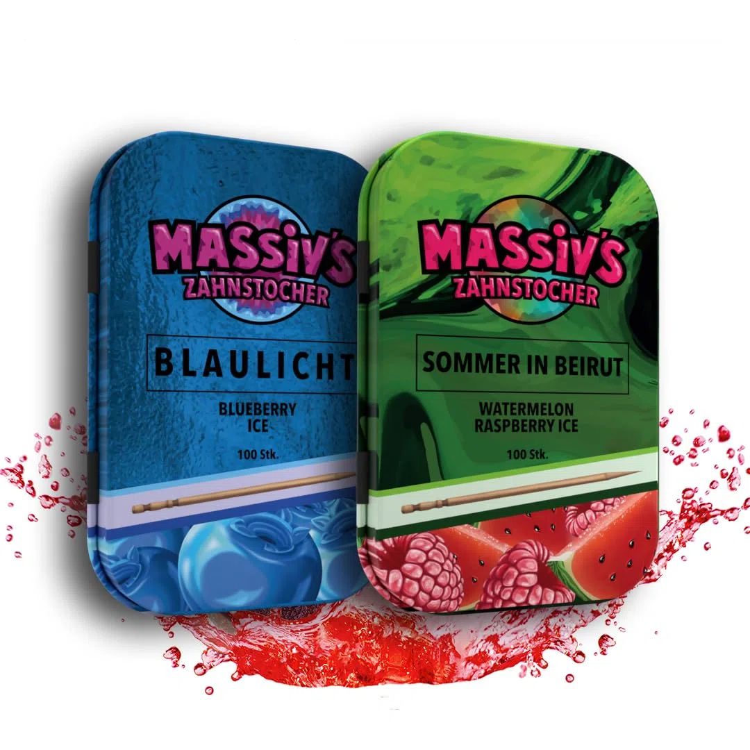 Massiv's Zahnstocher Bundle – BLAULICHT Blueberry Ice & SOMMER IN BEIRUT Watermelon Raspberry Ice – 2 x 100 aromatisierte Zahnstocher – frischer Atem – stylische Metalldosen – vegan, zuckerfrei, kalor