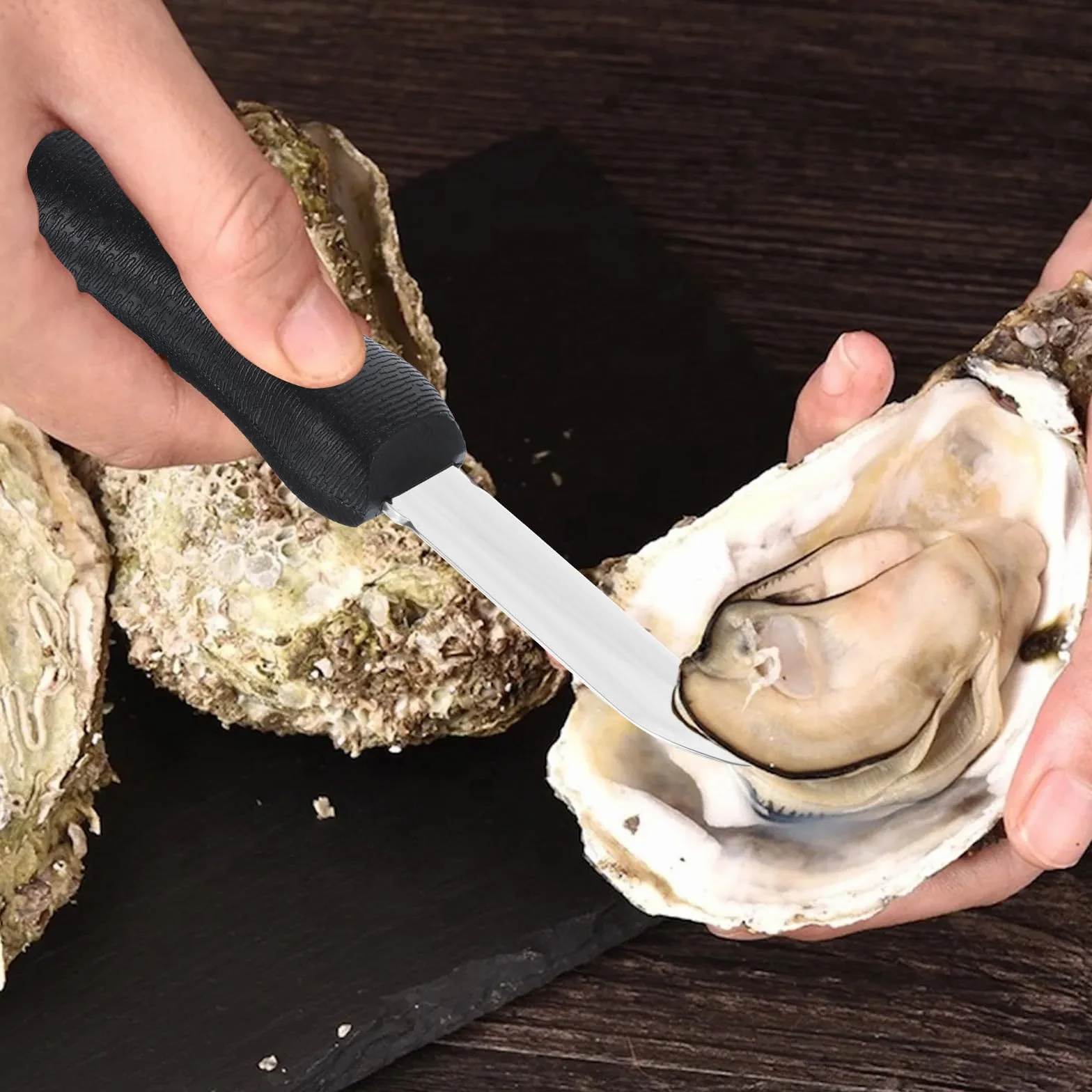 Austernmesser Austernmesser aus Edelstahl mit Muschelmesser und rutschfestem ABSGriff vielseitiges GarnelenDarmentfernungswerkzeug für Meeresfrüchteliebhaber Küchenwerkzeug(Schwarz)