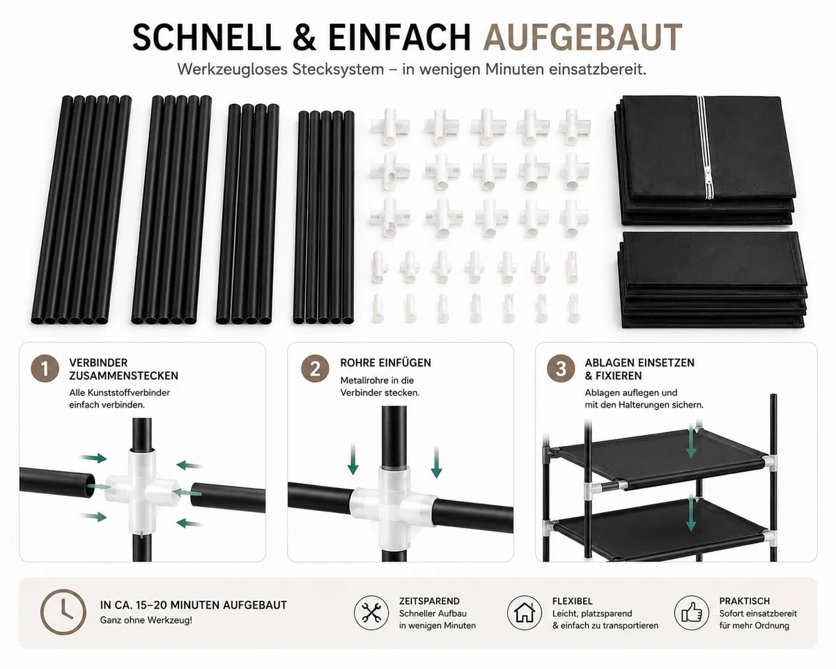 Stoffschrank (XXL)| Faltbarer kleiderschrank mit Kleiderstange und 11 Einlegeböden | schwarzer Kleiderschrank mit aufrollbarer Reißverschlusstür und vielen Montagemöglichkeiten