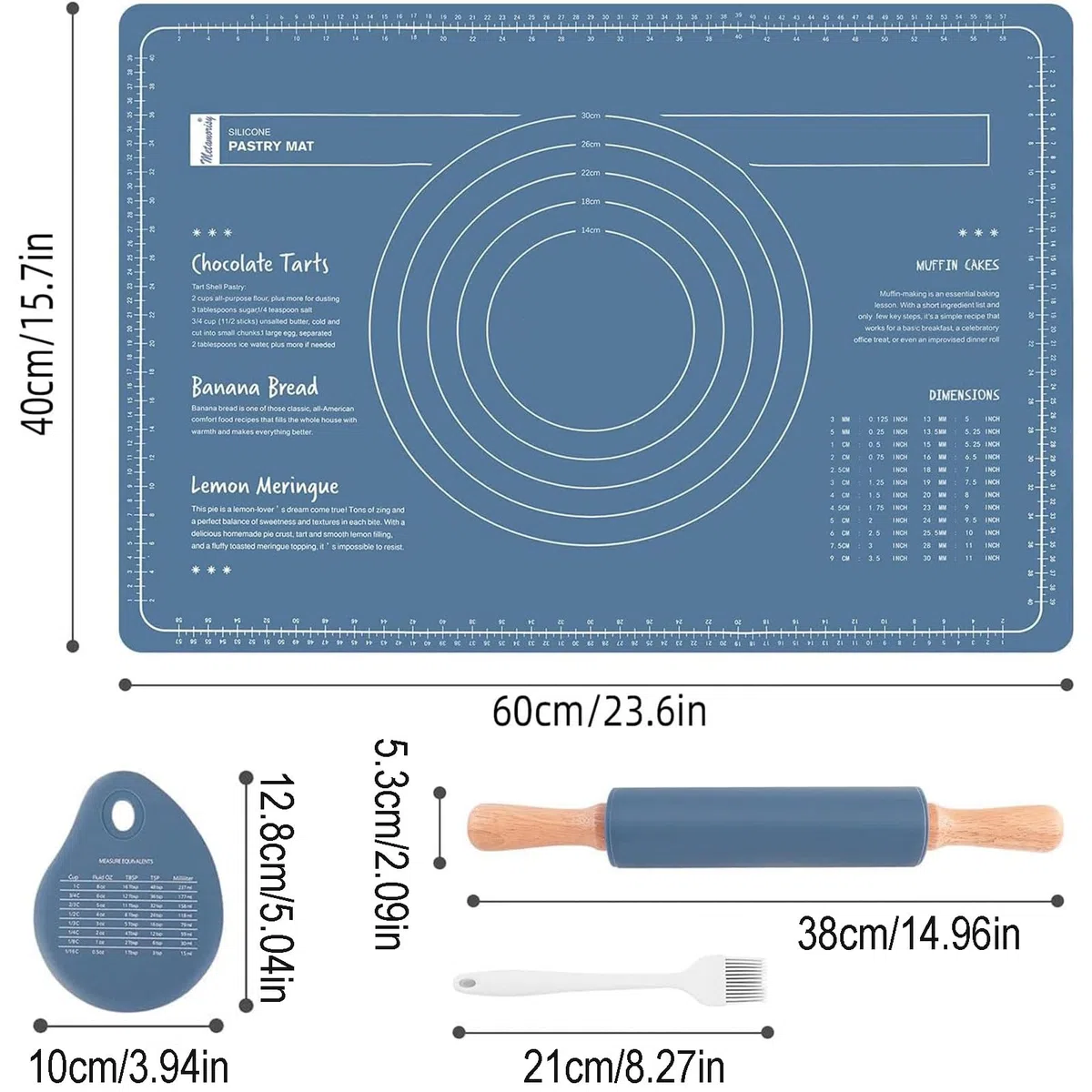 Nudelholz Silikon Teigroller mit Holzgriff, 60 x 40 CM Blau Ausrollmatte, Backmatte Silikon + Teigkarte + Pinsel, Extra Dick Rutschfeste Backunterlage für Fondant Gebäck Pizza, BPA Frei