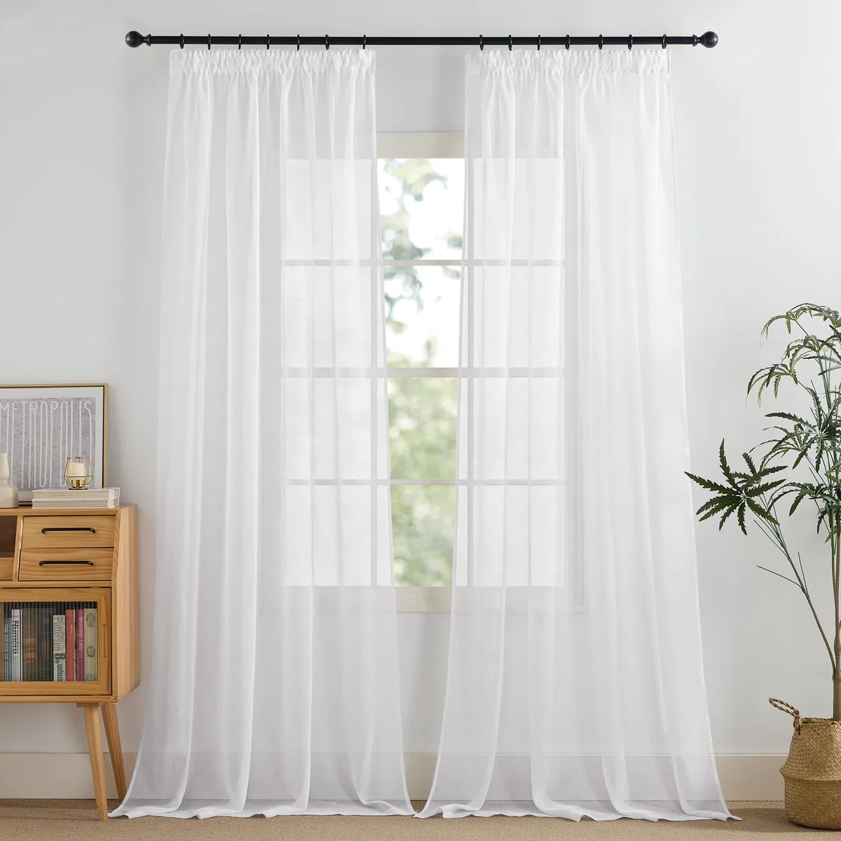 PONY DANCE Weiße Gardinen mit Kräuselband für Schienensystem 2er Set H 245 x B 140 cm Leinenoptik Gardine Transparent Vorhänge Durchlässig Sheer Curtains