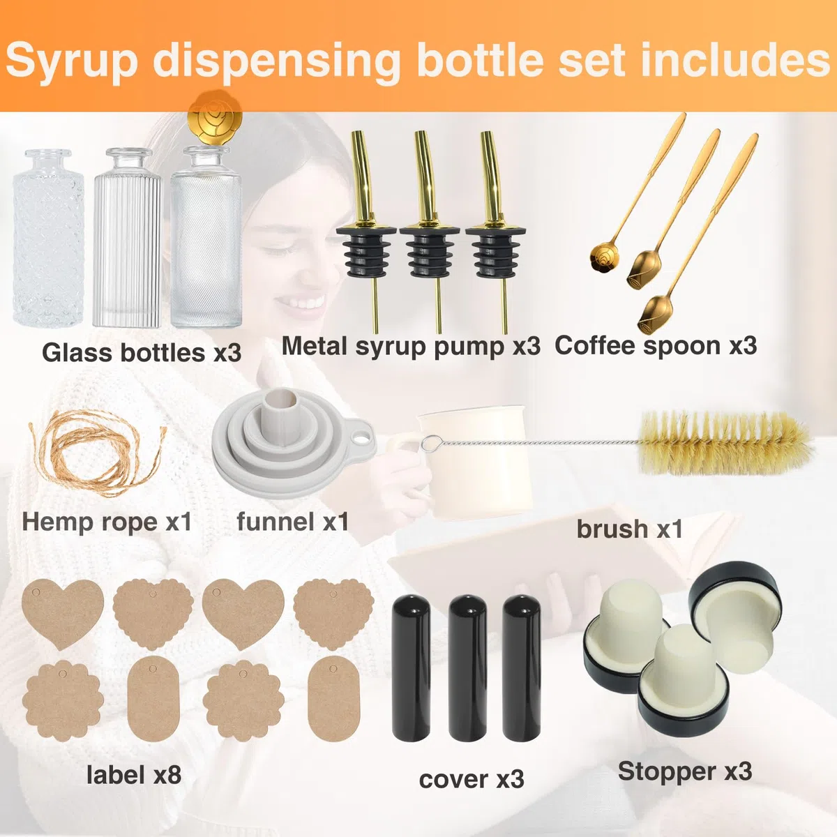 Oudizz Essig und ölflaschen Set mit Ausgießer 3 Stück - 200ml Kaffee Sirup Spender mit Metall Gießen für Kaffeebar - Kaffee Sirup Spenderflasche mit Ölgießdüse, Trichter, Karte, Stopfen