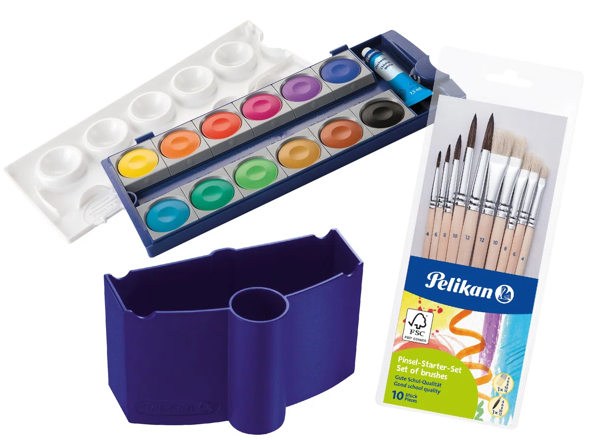 Pelikan Wasserbox 808246 für Deckfarbkasten Schul-Standard blau (Blau - Komplett-Set)