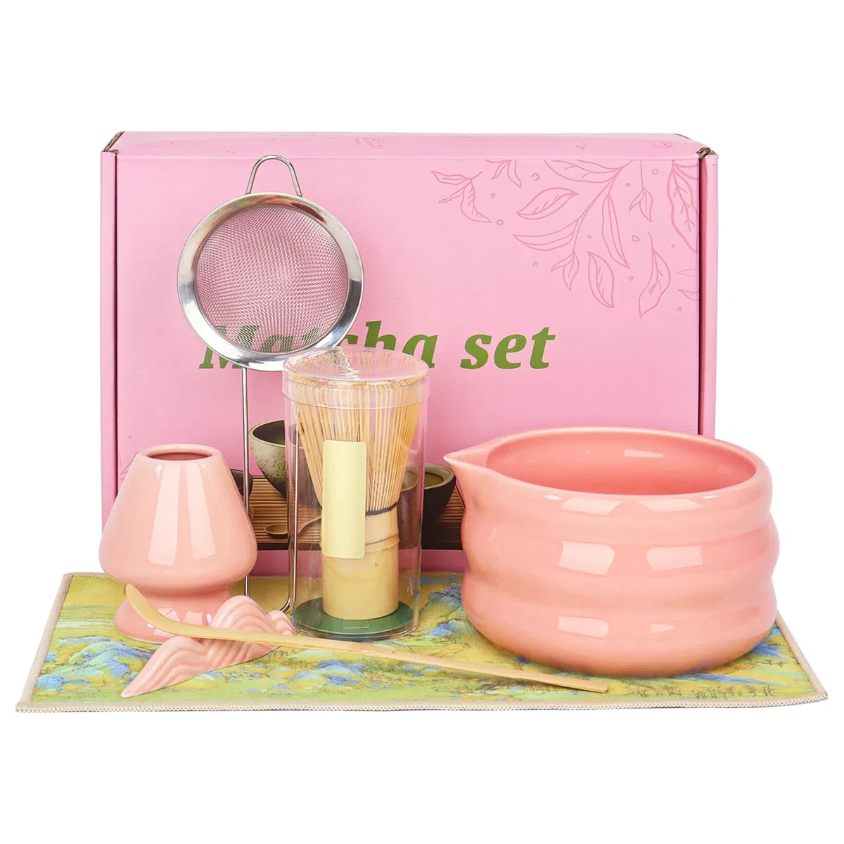 Nwvuop 7 Stück Matcha Set Matcha Besen Set mit Matcha Schale und Sieb Matcha Tee Set Rosa