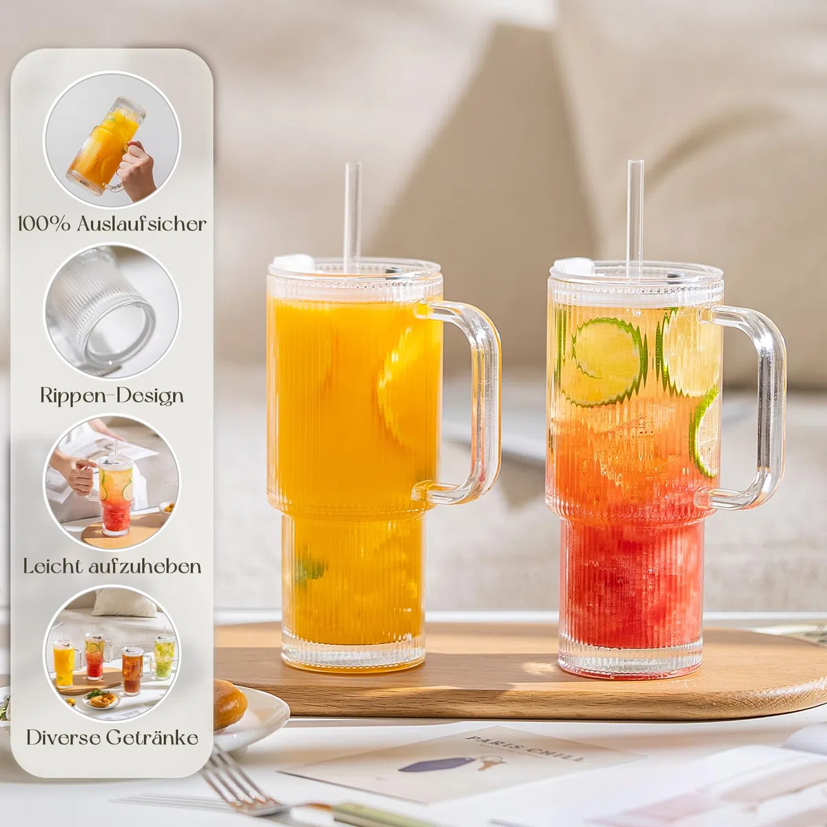 KEMORELA 2er Set 768ml Iced Coffee Glas – Gerippte Glasbecher mit Henkel, Deckel & Strohhalm | Großes Trinkglas für Latte Macchiato, Smoothies, Säfte & Bubble Tea