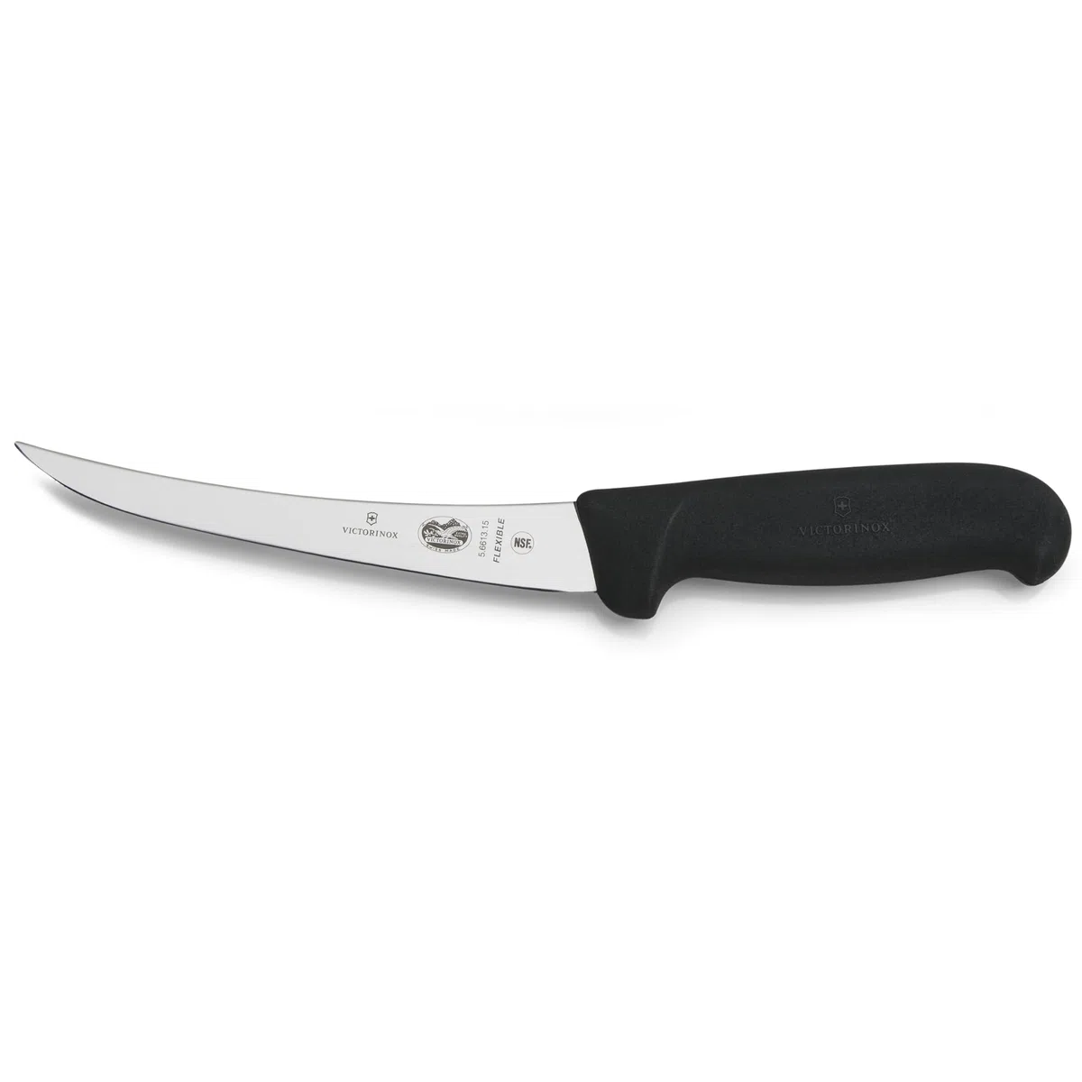 Victorinox Fibrox Ausbeinmesser, Scharfes Küchenmesser für Fleisch und Fisch, 15 cm, Gebogene Klinge, Flexibel, HACCP geeignet, Rutschfest, Schwarz