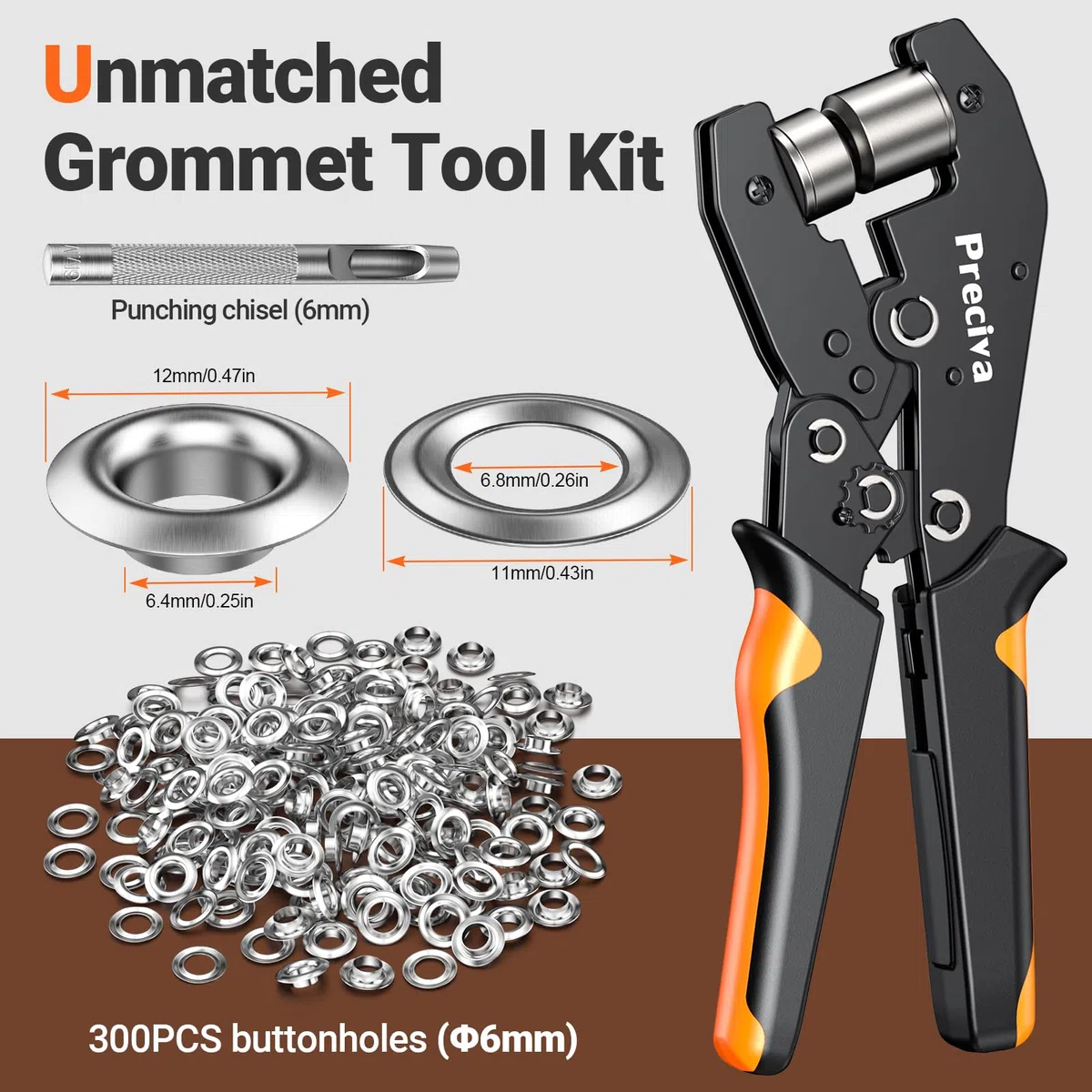 Ösenzange Set, Preciva Ösenzange mit Hebeltechnik zum Kräftesparen Ösenpresse mit 300 Ø6mm Ösen aus gehärtetem Stahl für PVC-Banner, Planen, Karton, Pappe