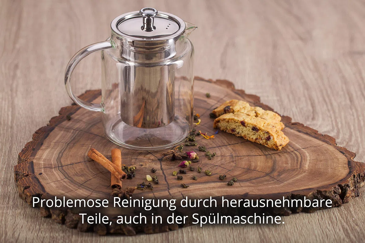 GGC Teekanne/Teezubereiter aus Glas mit Infuser Siebeinsatz (Edelstahlsieb) und Deckel I Glaskanne/Teebereiter ist ideal für Teeservice mit losem Grün- und Schwarz Tee geeignet I 1 Liter Glaskaraffe